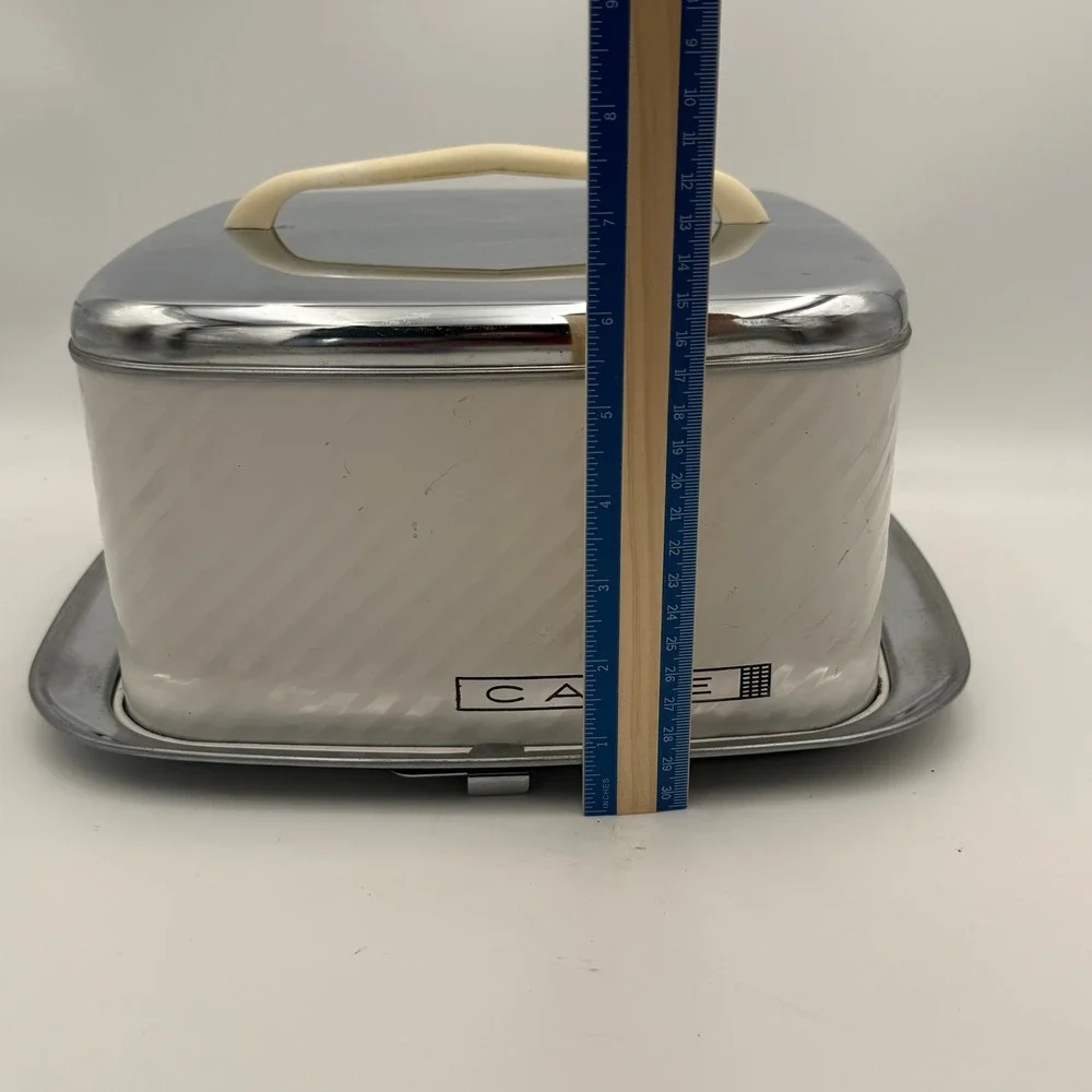 Vintage Mid Century Chrome Metal Cake Carrier Box with Tray and Server Cream